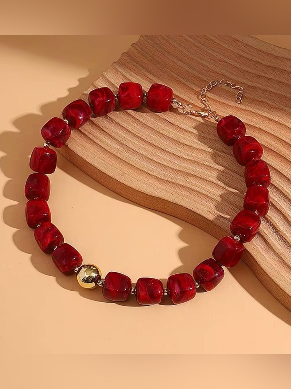 Red Beaded Statement Necklace - Gold Accent